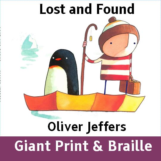 Picture of the front cover of Lost and Found written and illustrated by Oliver Jeffers. The picture shows a boy and a penguin on a small boat. The boy is wearing a striped top and hat, and holding a staff in his right hand and a suitcase in his left. 